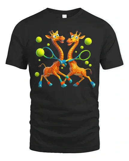 Funny Giraffes Playing Tennis Art T Shirt With Sporty Joy - black t-shirt on white background