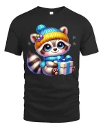 Cute Winter Raccoon Gift Art T Shirt With Cozy Holiday Joy - black t-shirt on white background