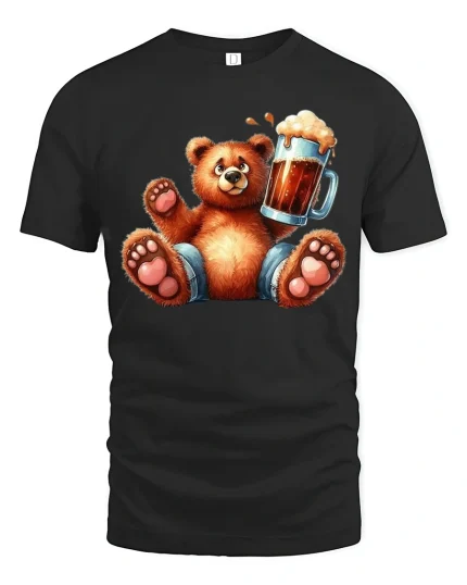 Funny Bear Holding Beer Art T Shirt With Chill Party Vibes - black t-shirt on white background