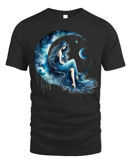 Moon Goddess Dream Art T Shirt With Celestial Night Energy - black t-shirt on white background