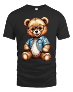 Cute Bear With Glasses Denim Jacket T Shirt Cool Style Art - black t-shirt on white background