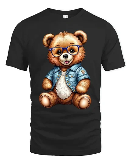 Cute Bear With Glasses Denim Jacket T Shirt Cool Style Art - black t-shirt on white background