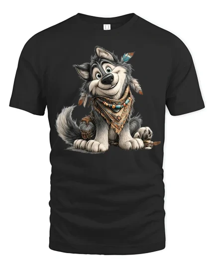 Cute Boho Wolf Cartoon Art T Shirt With Free Spirit Charm - black t-shirt on white background