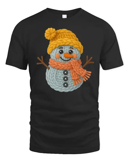 Cute Knitted Snowman Winter Art T Shirt With Cozy Joy - black t-shirt on white background