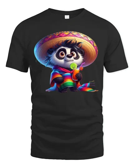 Cute Panda Fiesta Art T Shirt With Colorful Happy Vibes - black t-shirt on white background