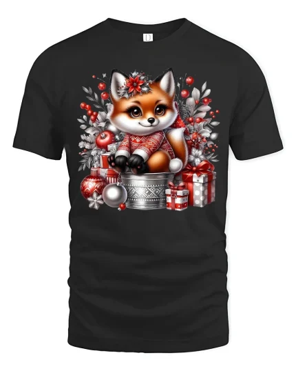 Cute Festive Fox Gift Art T Shirt With Cozy Holiday Vibes - black t-shirt on white background