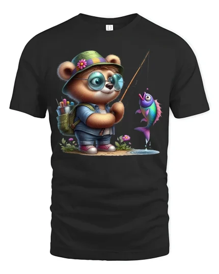 Cute Bear Fishing Adventure T Shirt With Playful Charm - black t-shirt on white background