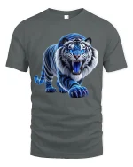 Fierce Blue Tiger Roaring Art T Shirt With Powerful Energy - gray t-shirt on white background