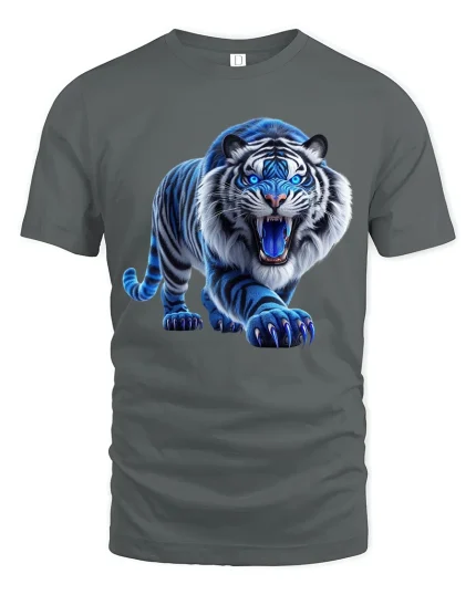 Fierce Blue Tiger Roaring Art T Shirt With Powerful Energy - gray t-shirt on white background