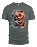 Cute Bear Hugging Fish Art T Shirt With Sweet Playful Mood - gray t-shirt on white background