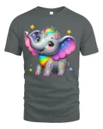 Cute Rainbow Elephant Art T Shirt With Magical Happy Vibes - gray t-shirt on white background
