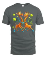 Funny Giraffes Playing Tennis Art T Shirt With Sporty Joy - gray t-shirt on white background