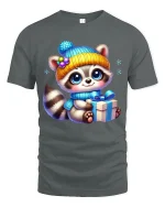 Cute Winter Raccoon Gift Art T Shirt With Cozy Holiday Joy - gray t-shirt on white background