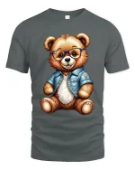Cute Bear With Glasses Denim Jacket T Shirt Cool Style Art - gray t-shirt on white background