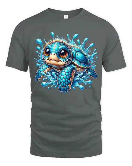 Cute Blue Baby Turtle Splash Art T Shirt With Ocean Joy - gray t-shirt on white background