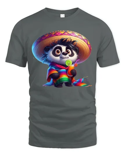 Cute Panda Fiesta Art T Shirt With Colorful Happy Vibes - gray t-shirt on white background