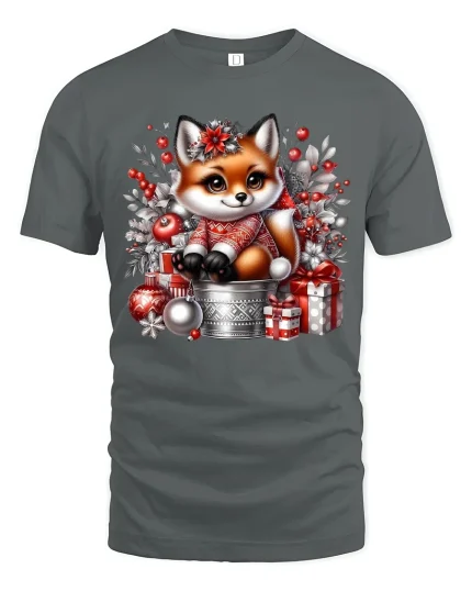 Cute Festive Fox Gift Art T Shirt With Cozy Holiday Vibes - gray t-shirt on white background