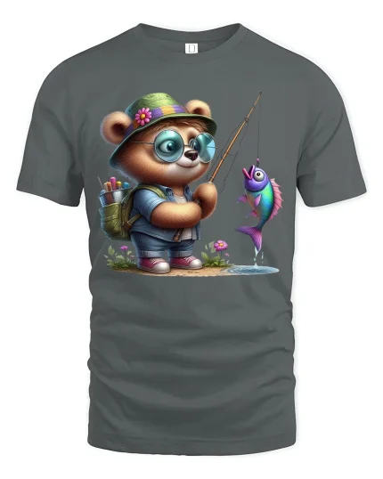 Cute Bear Fishing Adventure T Shirt With Playful Charm - gray t-shirt on white background