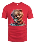 Cute Bear Hugging Fish Art T Shirt With Sweet Playful Mood - red t-shirt on white background