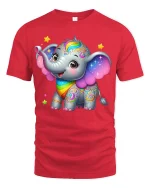 Cute Rainbow Elephant Art T Shirt With Magical Happy Vibes - red t-shirt on white background