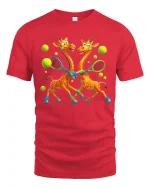 Funny Giraffes Playing Tennis Art T Shirt With Sporty Joy - red t-shirt on white background