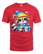 Cute Winter Raccoon Gift Art T Shirt With Cozy Holiday Joy - red t-shirt on white background