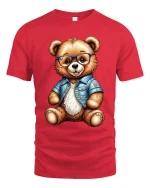 Cute Bear With Glasses Denim Jacket T Shirt Cool Style Art - red t-shirt on white background