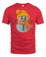 Cute Knitted Snowman Winter Art T Shirt With Cozy Joy - red t-shirt on white background