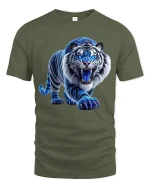 Fierce Blue Tiger Roaring Art T Shirt With Powerful Energy - military green t-shirt on white background