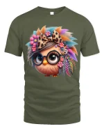 Cute Boho Owl With Glasses Art T Shirt Colorful Free Spirit - military green t-shirt on white background