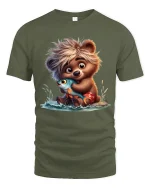 Cute Bear Hugging Fish Art T Shirt With Sweet Playful Mood - military green t-shirt on white background