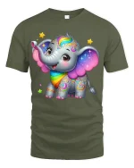 Cute Rainbow Elephant Art T Shirt With Magical Happy Vibes - military green t-shirt on white background
