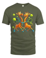 Funny Giraffes Playing Tennis Art T Shirt With Sporty Joy - military green t-shirt on white background