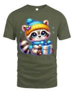 Cute Winter Raccoon Gift Art T Shirt With Cozy Holiday Joy - military green t-shirt on white background