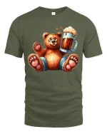 Funny Bear Holding Beer Art T Shirt With Chill Party Vibes - military green t-shirt on white background