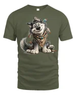 Cute Boho Wolf Cartoon Art T Shirt With Free Spirit Charm - military green t-shirt on white background