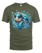 Cute Blue Baby Turtle Splash Art T Shirt With Ocean Joy - military green t-shirt on white background