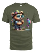 Cute Bear Fishing Adventure T Shirt With Playful Charm - military green t-shirt on white background