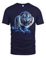 Fierce Blue Tiger Roaring Art T Shirt With Powerful Energy - navy t-shirt on white background