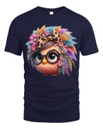 Cute Boho Owl With Glasses Art T Shirt Colorful Free Spirit - navy t-shirt on white background