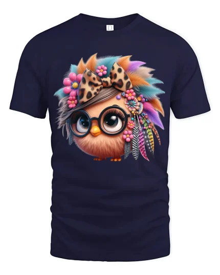 Cute Boho Owl With Glasses Art T Shirt Colorful Free Spirit - navy t-shirt on white background