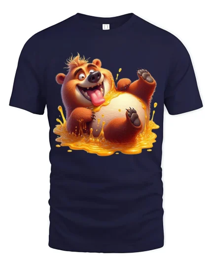 Funny Happy Bear Honey Splash Art T Shirt Sweet Playful Mood - navy t-shirt on white background