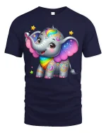 Cute Rainbow Elephant Art T Shirt With Magical Happy Vibes - navy t-shirt on white background