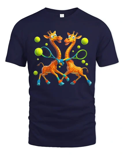 Funny Giraffes Playing Tennis Art T Shirt With Sporty Joy - navy t-shirt on white background