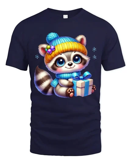 Cute Winter Raccoon Gift Art T Shirt With Cozy Holiday Joy - navy t-shirt on white background