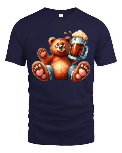 Funny Bear Holding Beer Art T Shirt With Chill Party Vibes - navy t-shirt on white background
