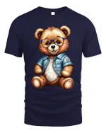 Cute Bear With Glasses Denim Jacket T Shirt Cool Style Art - navy t-shirt on white background