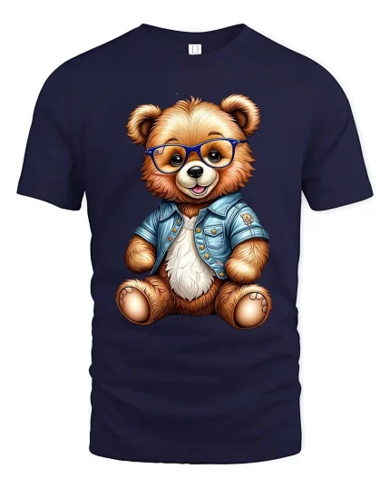 Cute Bear With Glasses Denim Jacket T Shirt Cool Style Art - navy t-shirt on white background