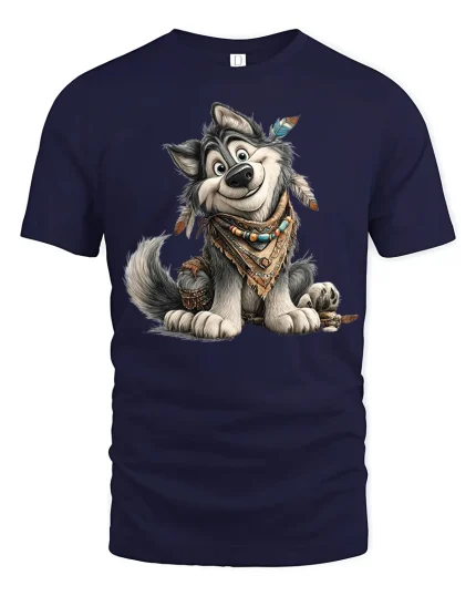 Cute Boho Wolf Cartoon Art T Shirt With Free Spirit Charm - navy t-shirt on white background