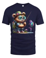 Cute Bear Fishing Adventure T Shirt With Playful Charm - navy t-shirt on white background